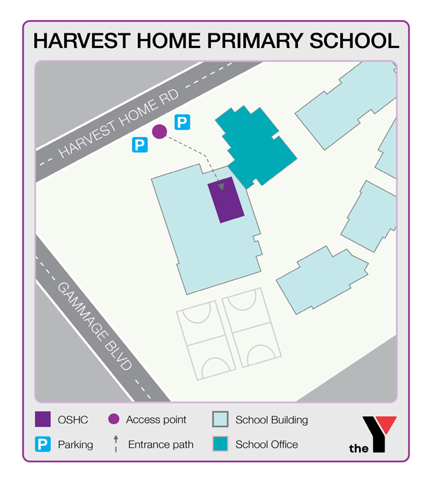Map showing entrance and directions to Harvest Home Primary Outside School Hours Care for parents to drop off and pick up kids