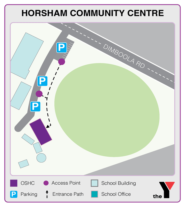 Map showing entrance and directions to Horsham Community Centre Outside School Hours Care for parents to drop off and pick up kids